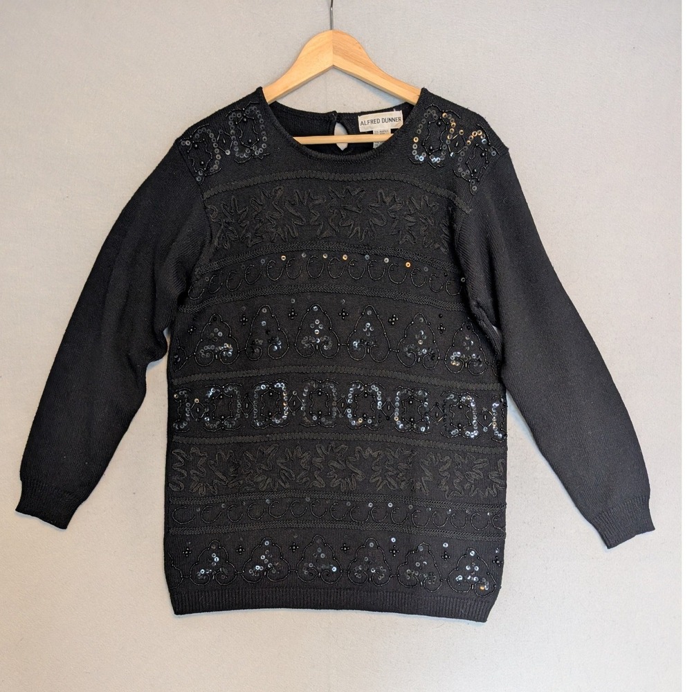 Alfred Dunner Black Sparkly Beaded Embellished Knit Tunic Sweater Holiday Medium